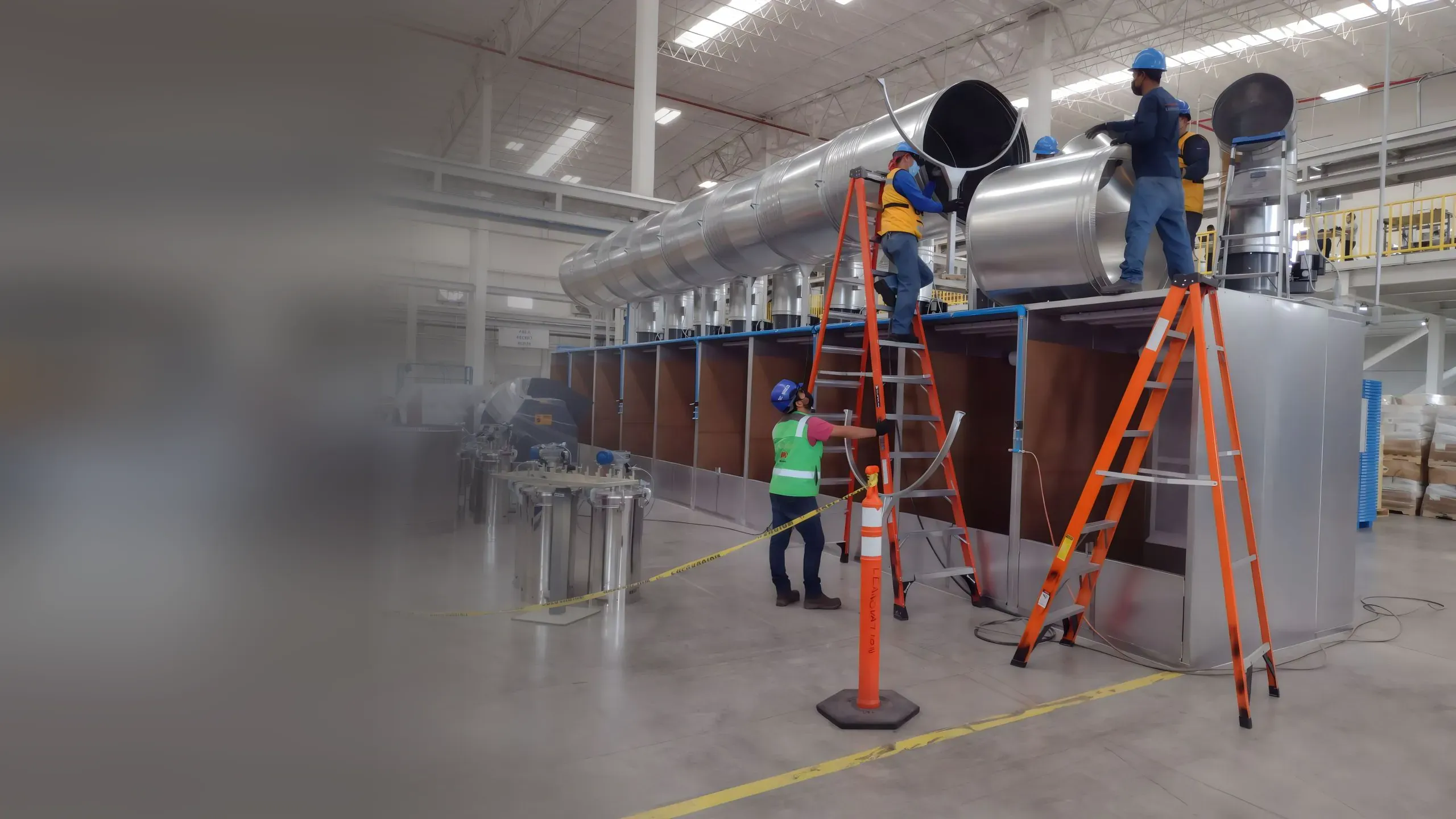 Técnicos con casco sobre escaleras instalando ductería metálica en una nave industrial.
